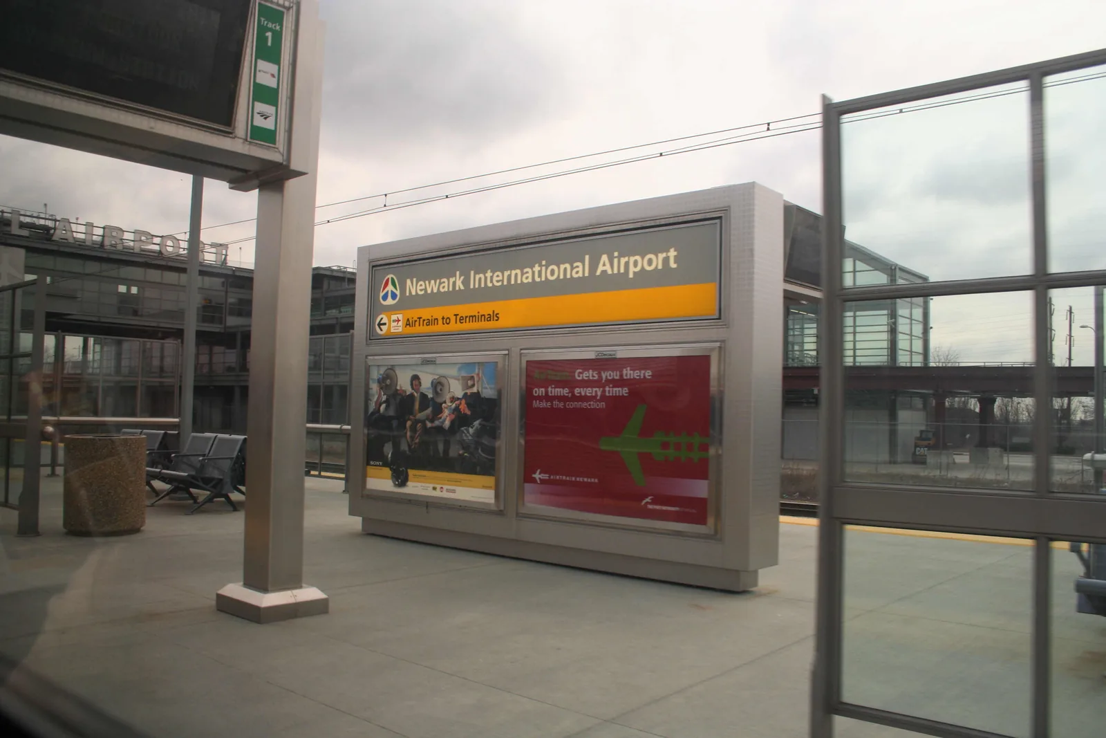 The platform at Newark Liberty International Airport station, signed for the AirTrain to the terminals.