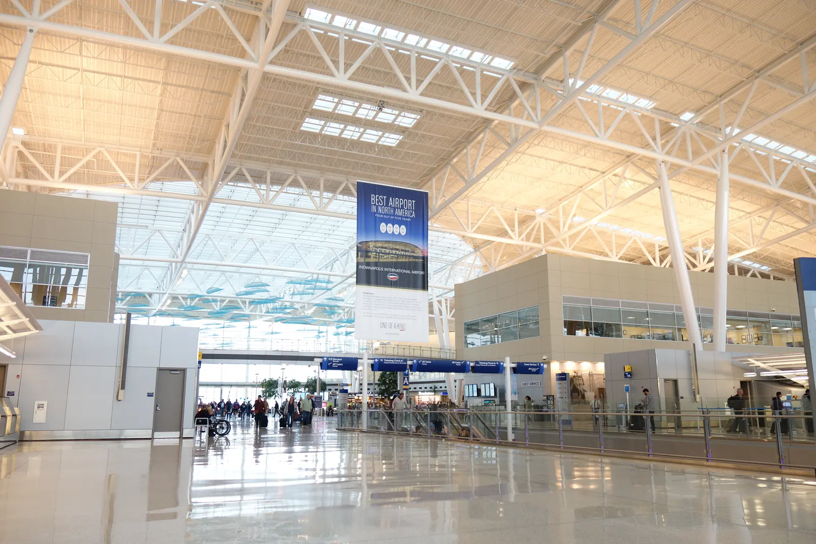The Civic Plaza at Indianapolis International Airport, the hall between the two security checkpoints, under its curved roof.