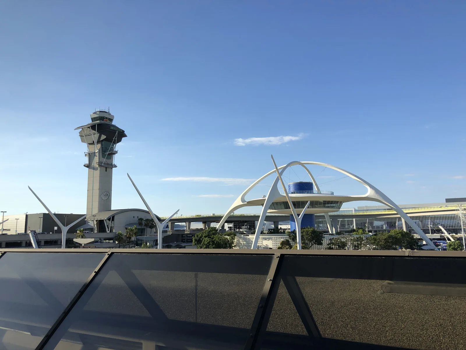 The Theme Building arches and the control tower at Los Angeles International.