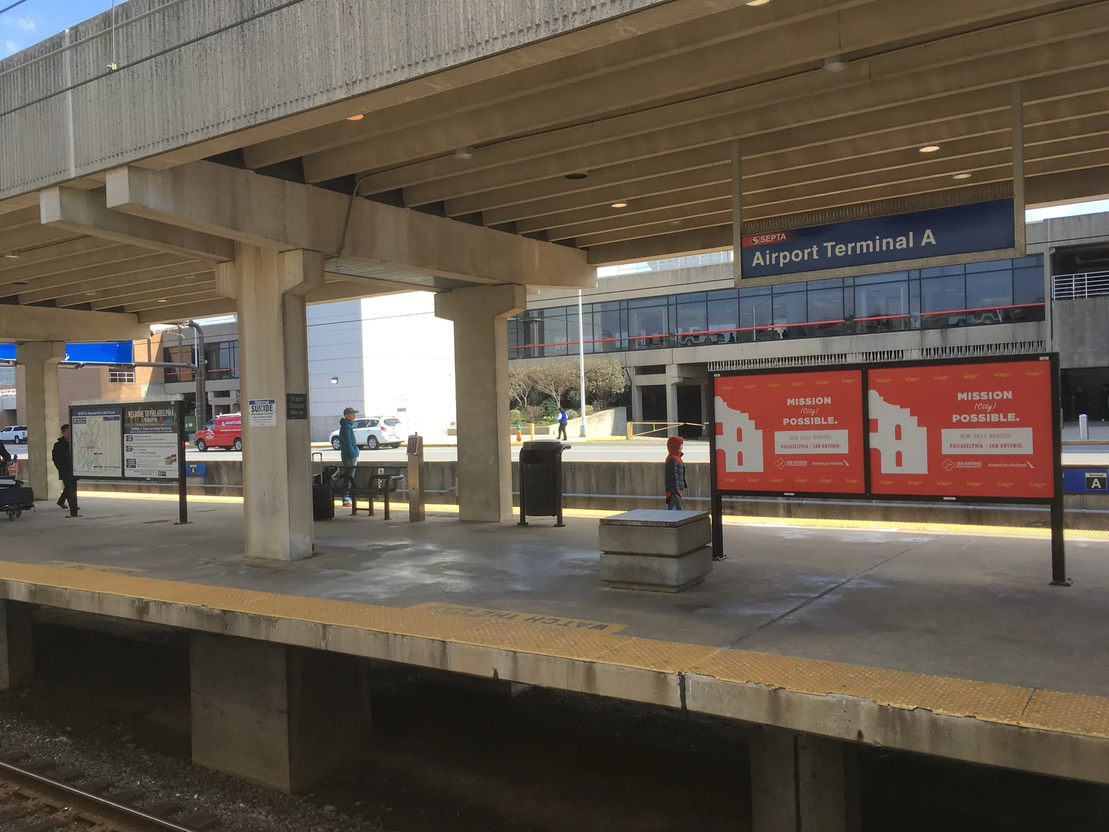 The SEPTA platform at Philadelphia International Airport, signed for Terminal A.