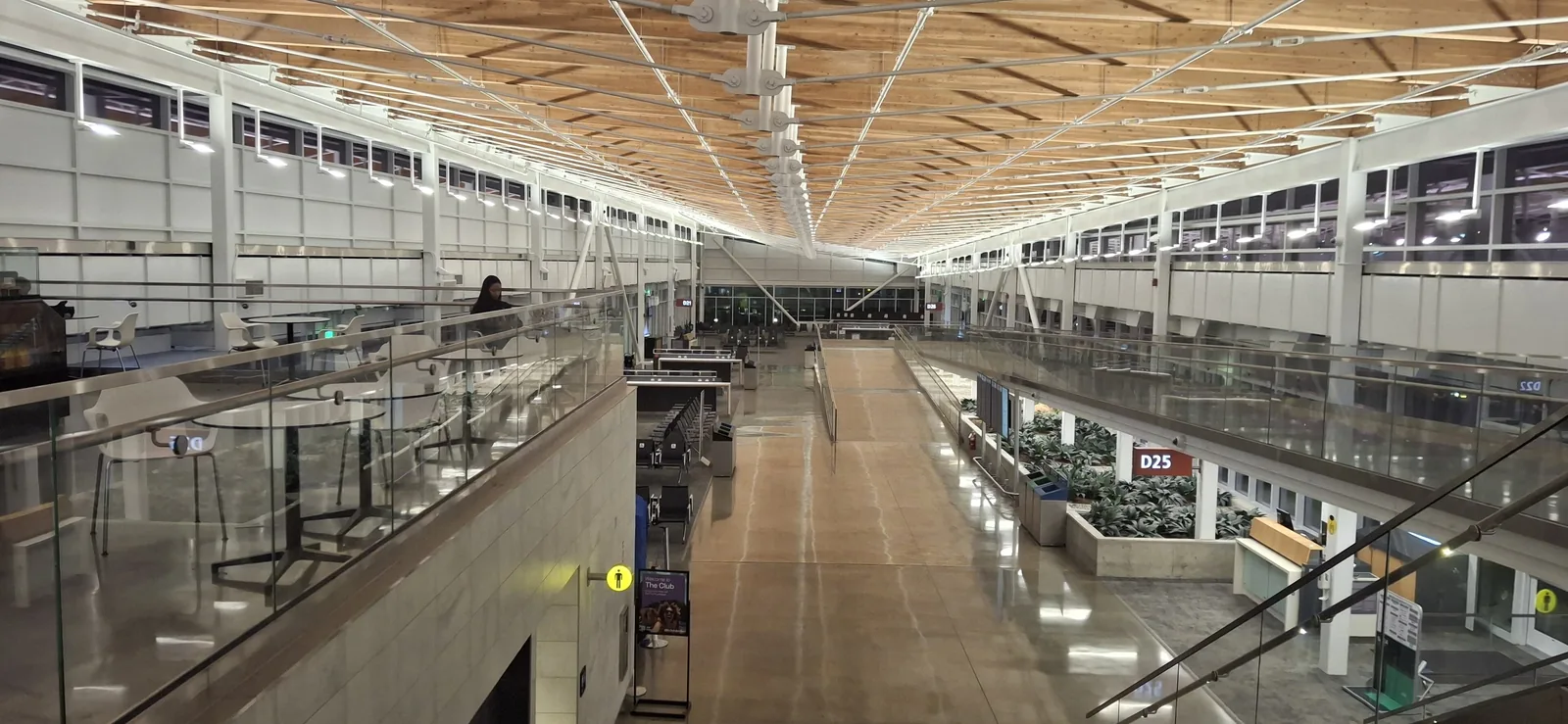 Concourse D at Seattle-Tacoma, under its wood ceiling.
