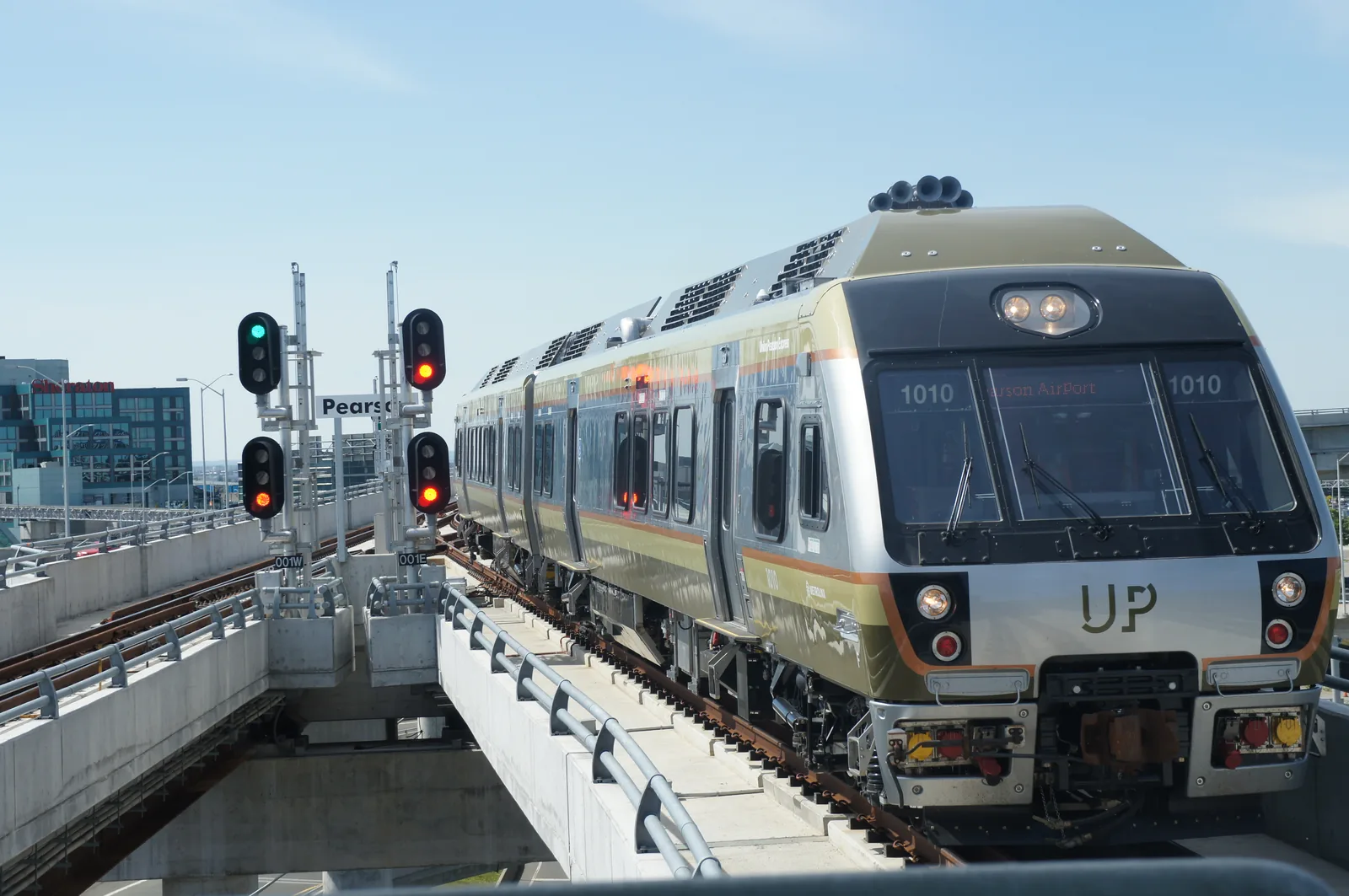 A Union Pearson Express train at the platform at Toronto Pearson.
