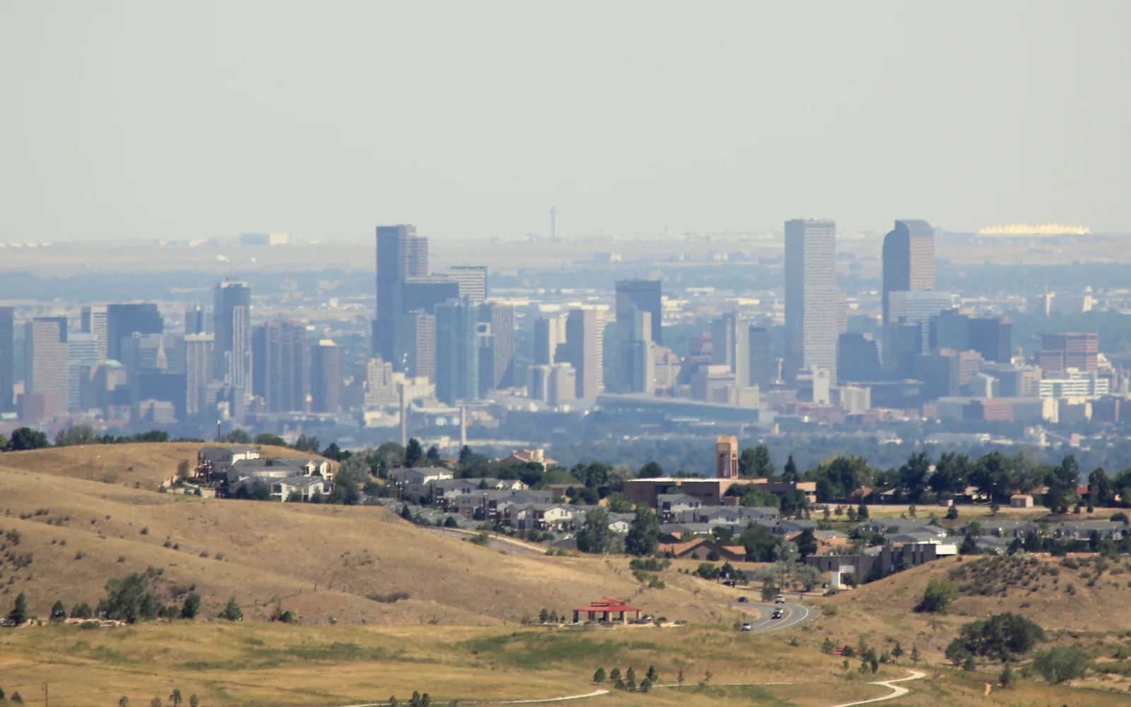 The downtown Denver skyline seen from the foothills west of the city.