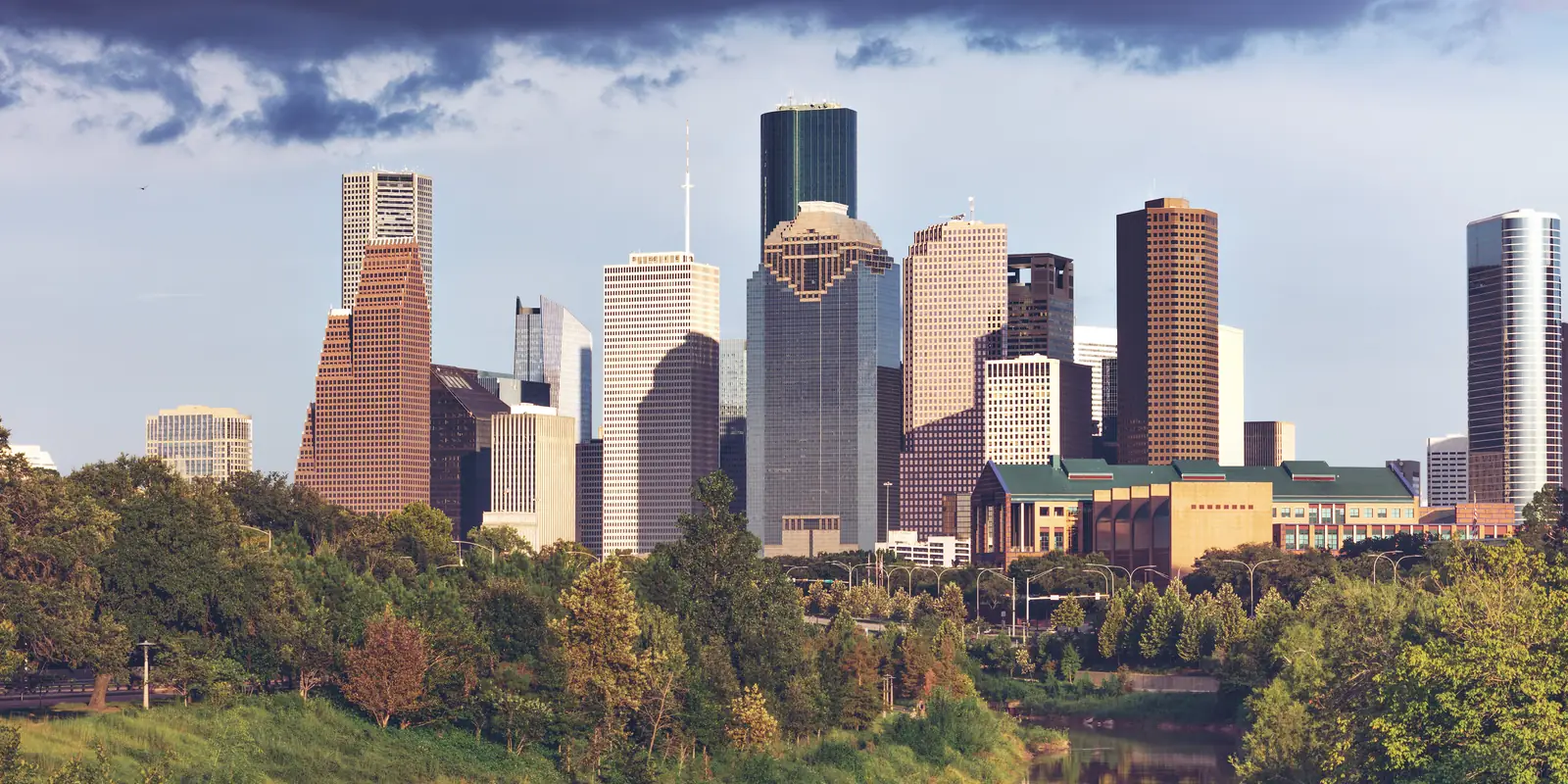 The downtown Houston skyline seen from the west, across Buffalo Bayou.