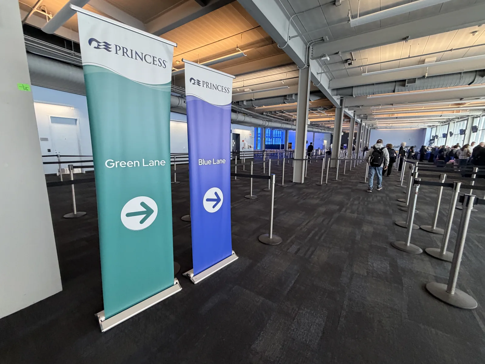 The check-in lanes inside the Pier 27 cruise terminal in San Francisco on a Princess embarkation morning.