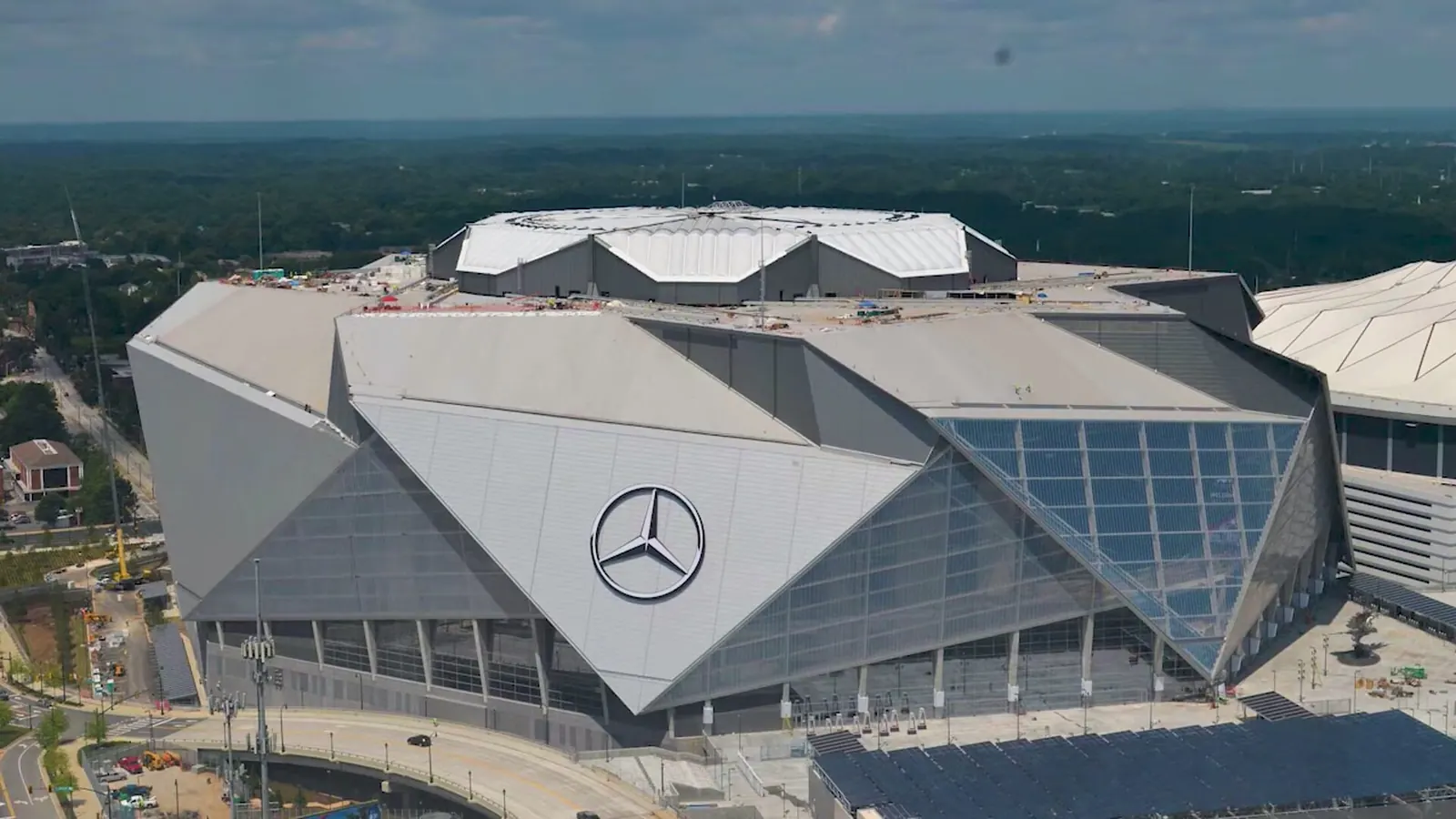 Mercedes-Benz Stadium seen from outside, in Atlanta, Georgia.