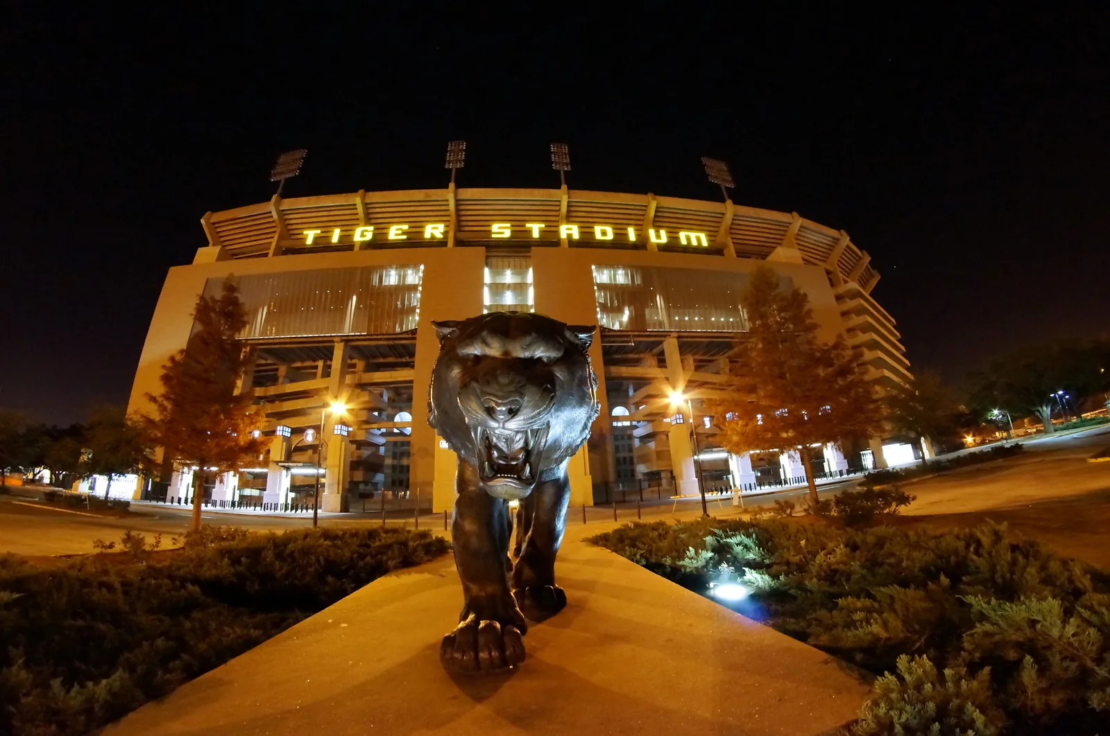 Tiger Stadium at night, in Baton Rouge.