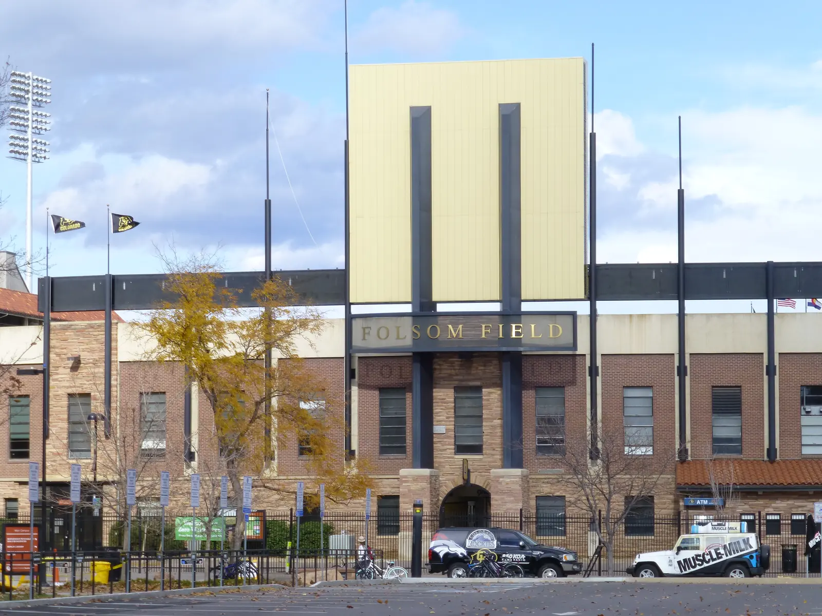 The north side of Folsom Field in Boulder, with the stadium name above the entrance.