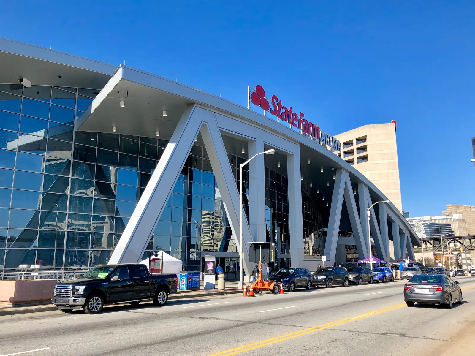 State Farm Arena seen from the street in downtown Atlanta.