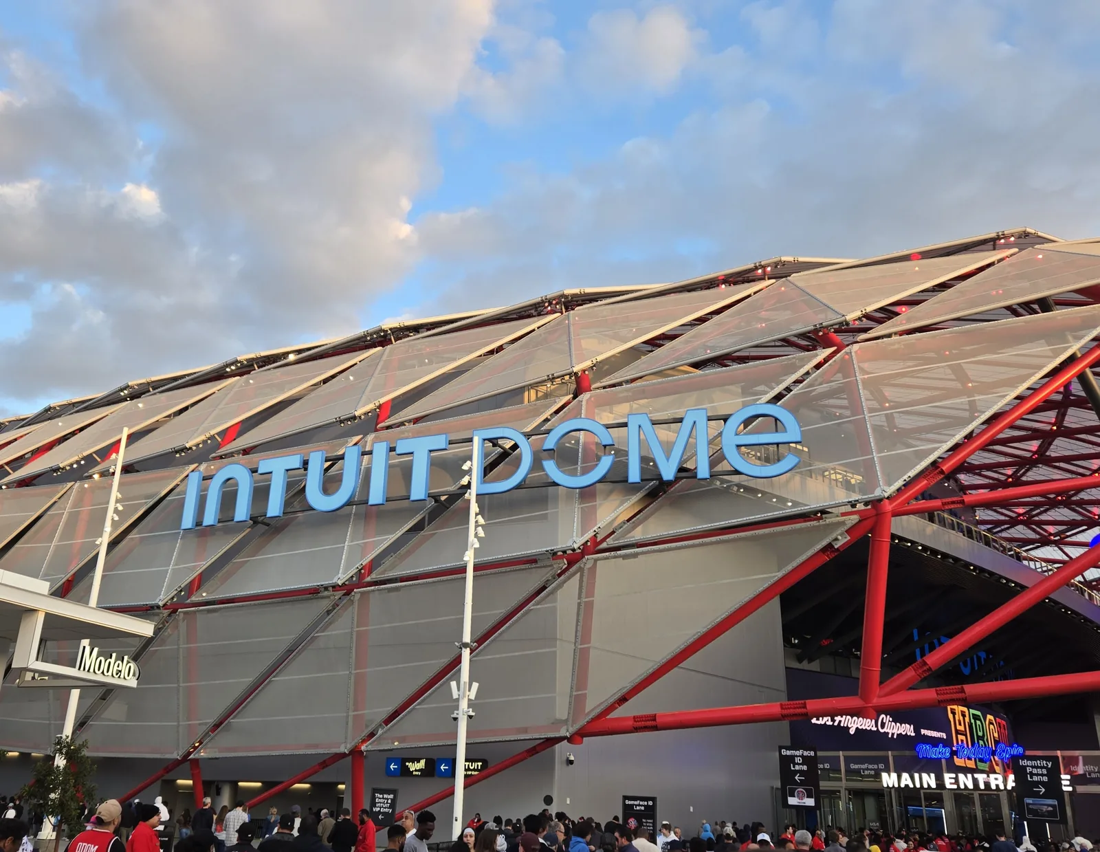 Intuit Dome's lettering and red steel frame in Inglewood