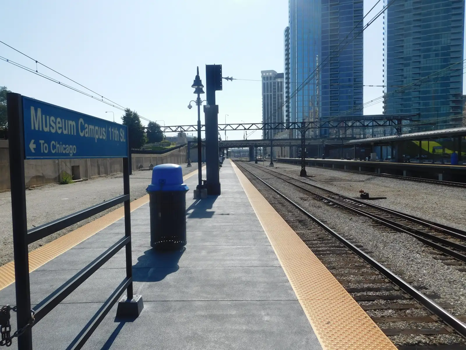 The Metra platform at Museum Campus/11th Street, signed for trains to Chicago.