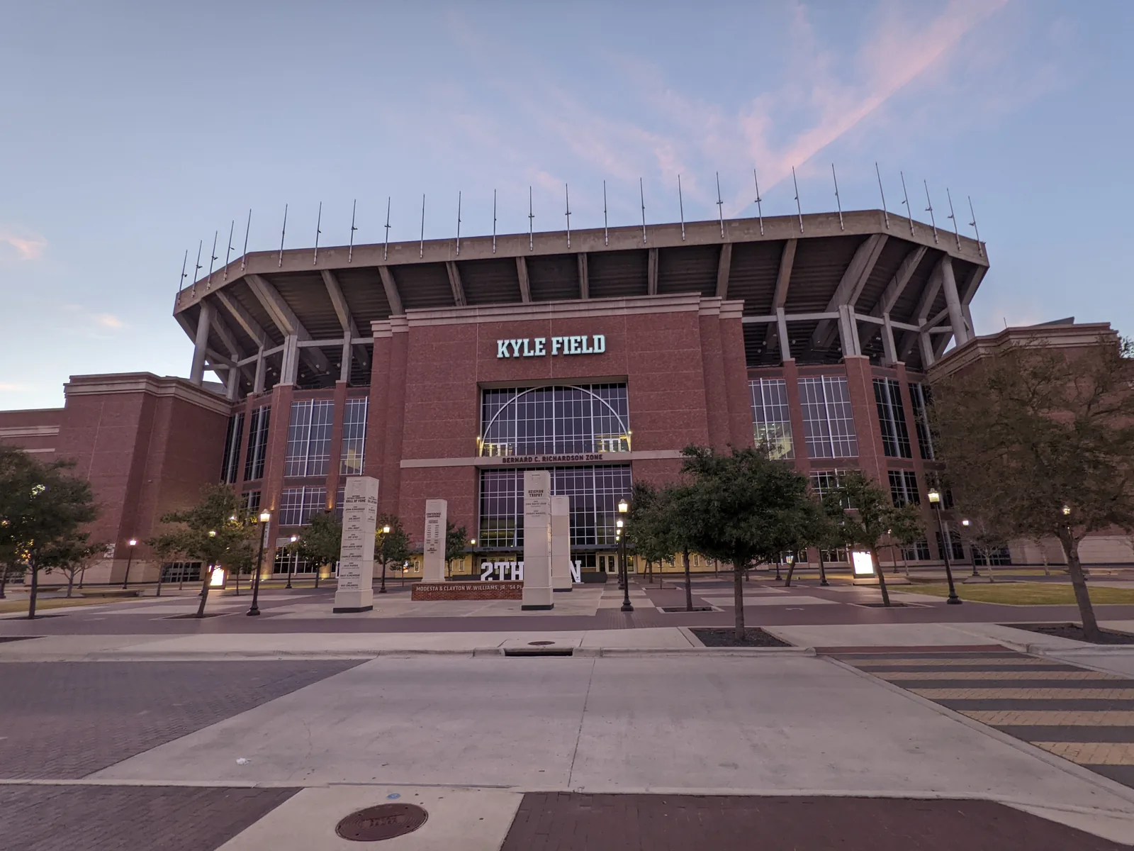 Kyle Field seen from outside at dusk, in College Station.