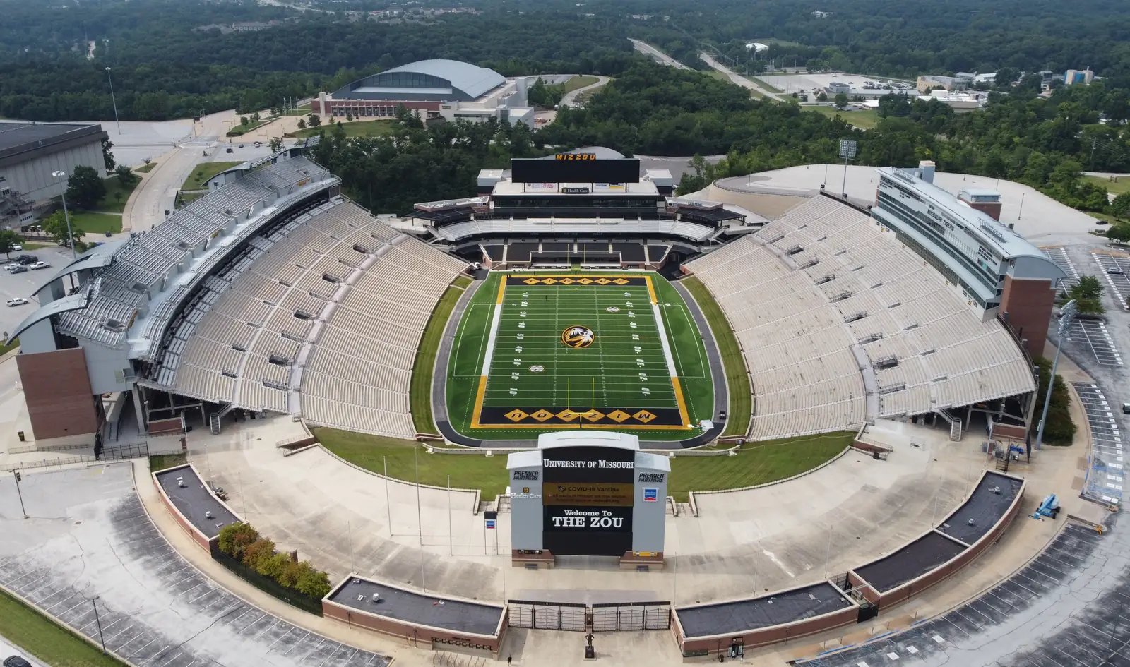 Faurot Field at Memorial Stadium in Columbia, Missouri, seen from above.