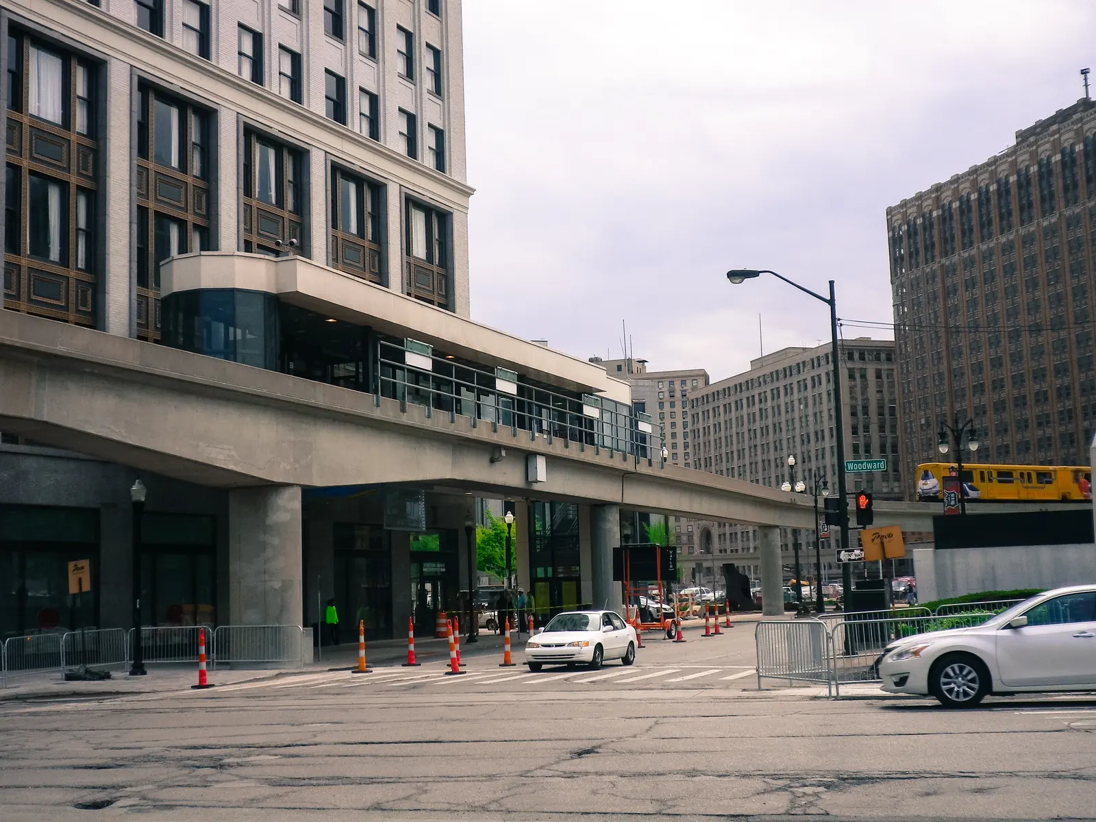 The Detroit People Mover's elevated track running through downtown Detroit.