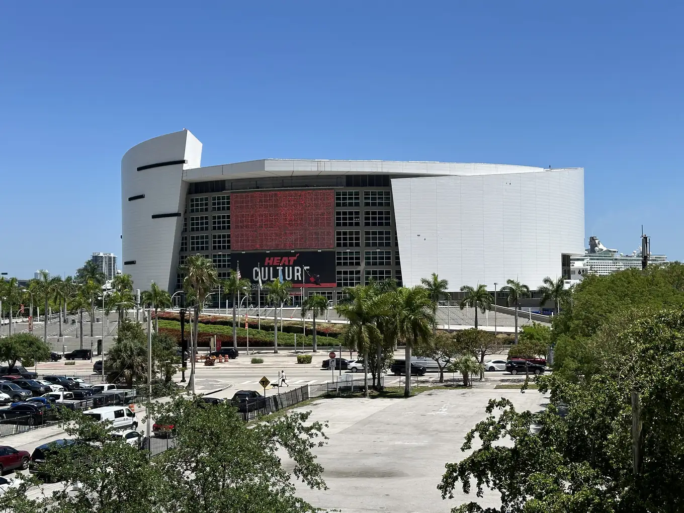Kaseya Center from across the street in downtown Miami