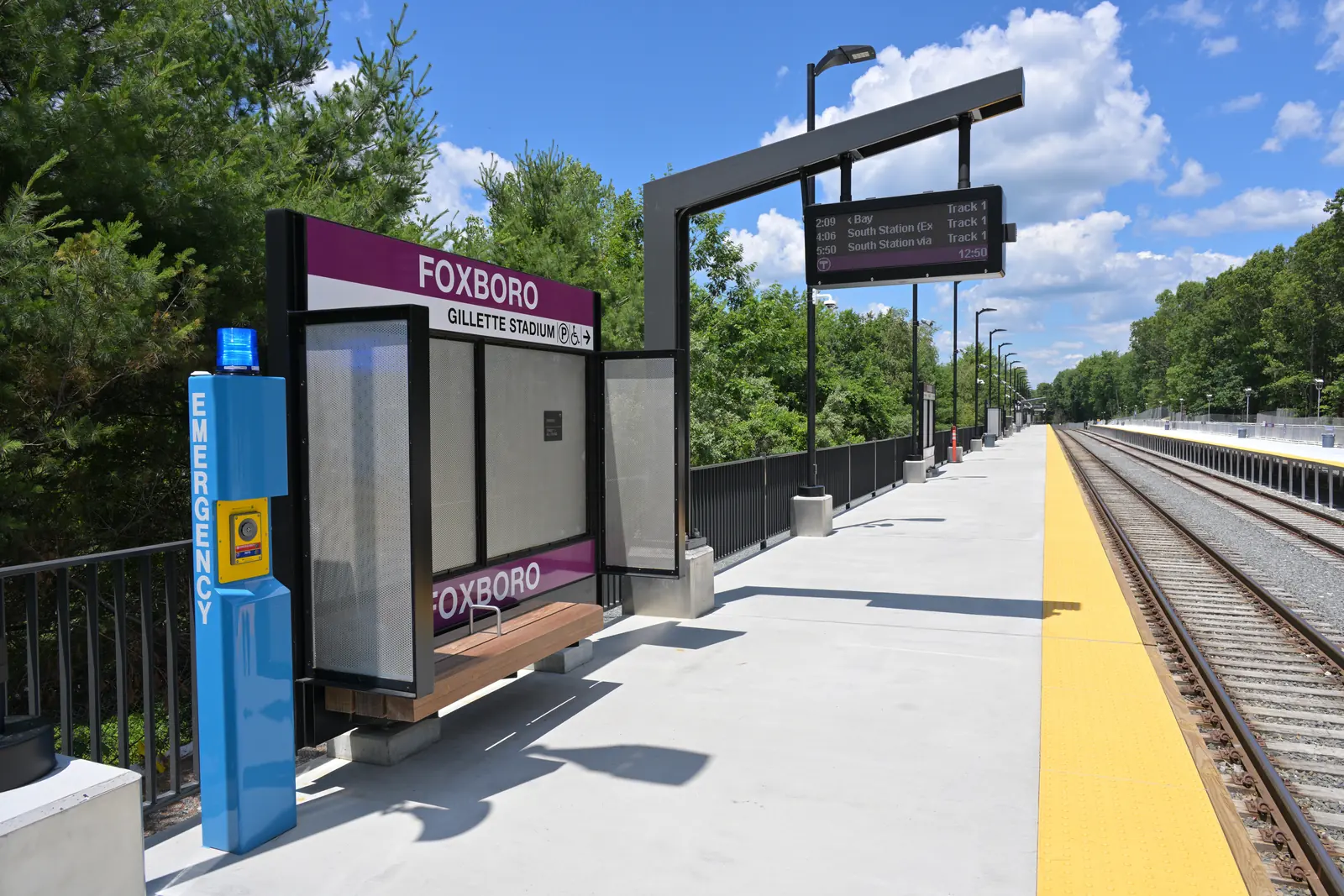 The platform at Foxboro station, signed for Gillette Stadium.
