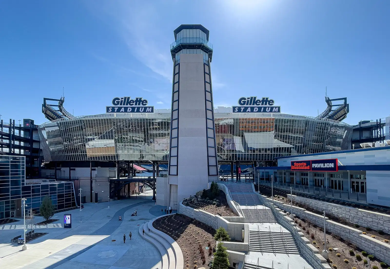 Gillette Stadium seen from outside, in Foxborough, Massachusetts.