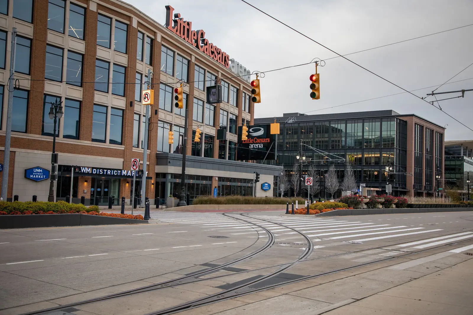 The QLINE tracks on Woodward Avenue beside Little Caesars Arena in Detroit.