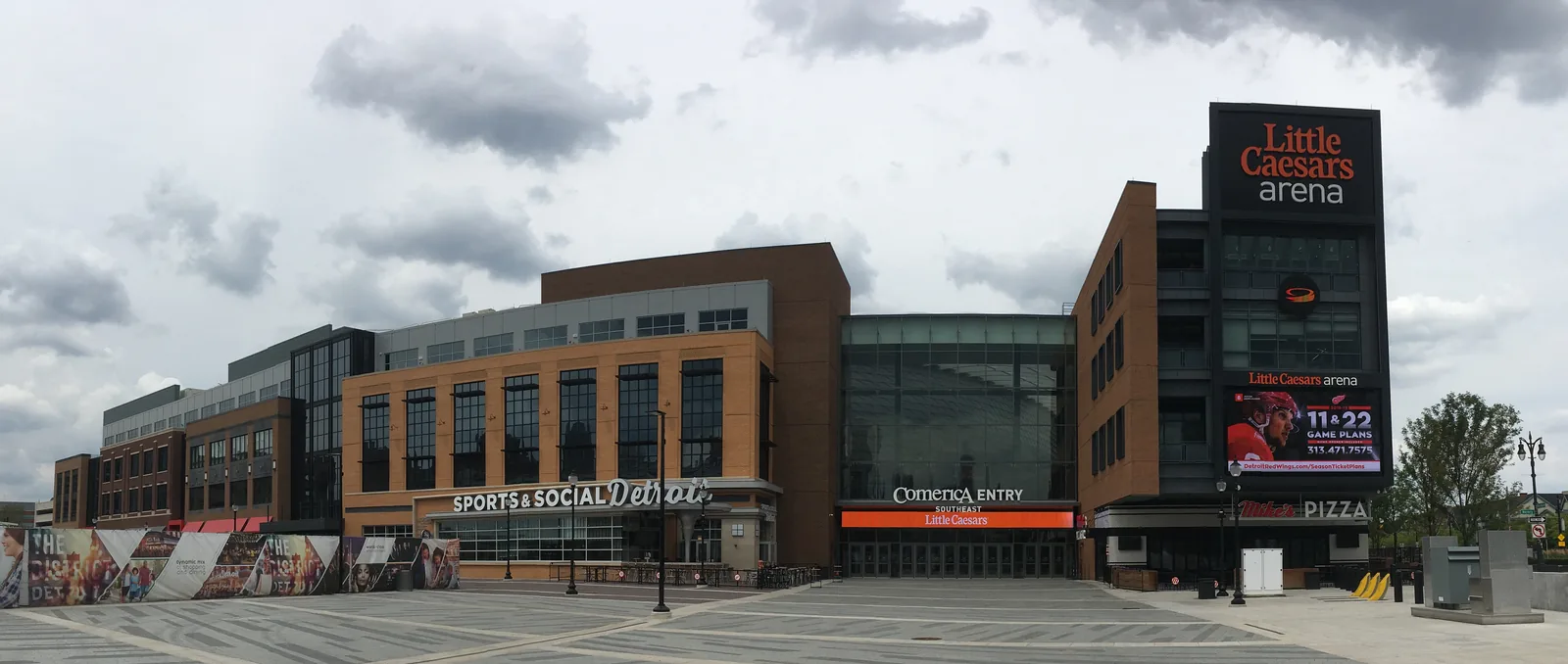 Little Caesars Arena seen from the street, in Detroit.