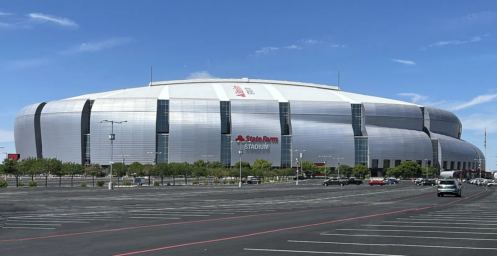 State Farm Stadium seen from outside, in Glendale, Arizona.