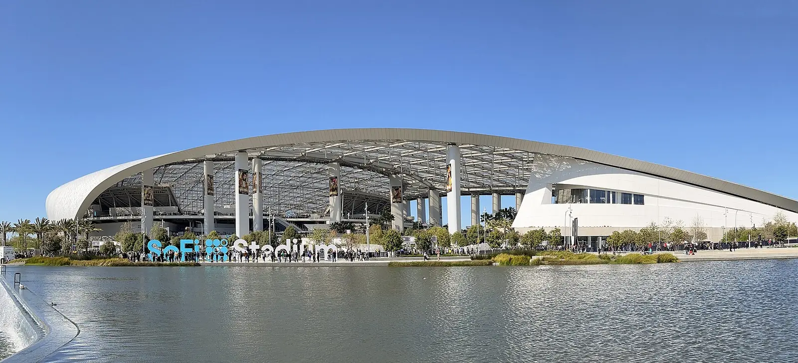 SoFi Stadium seen from outside, in Inglewood, California.