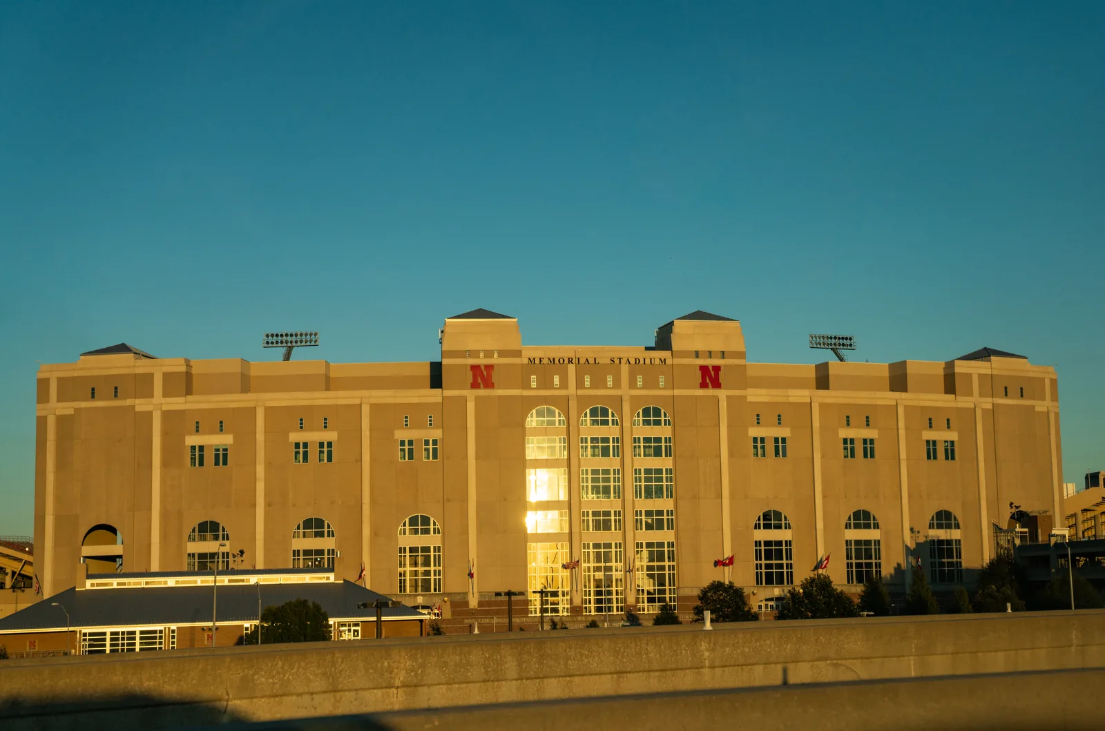 Memorial Stadium seen from outside at sunset, in Lincoln.