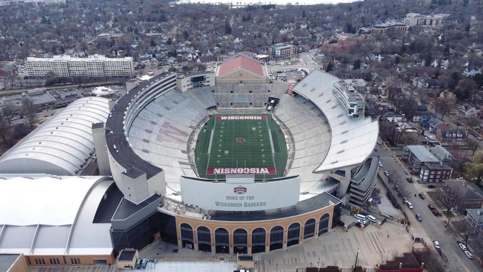 Camp Randall Stadium and its neighborhood, seen from the air.