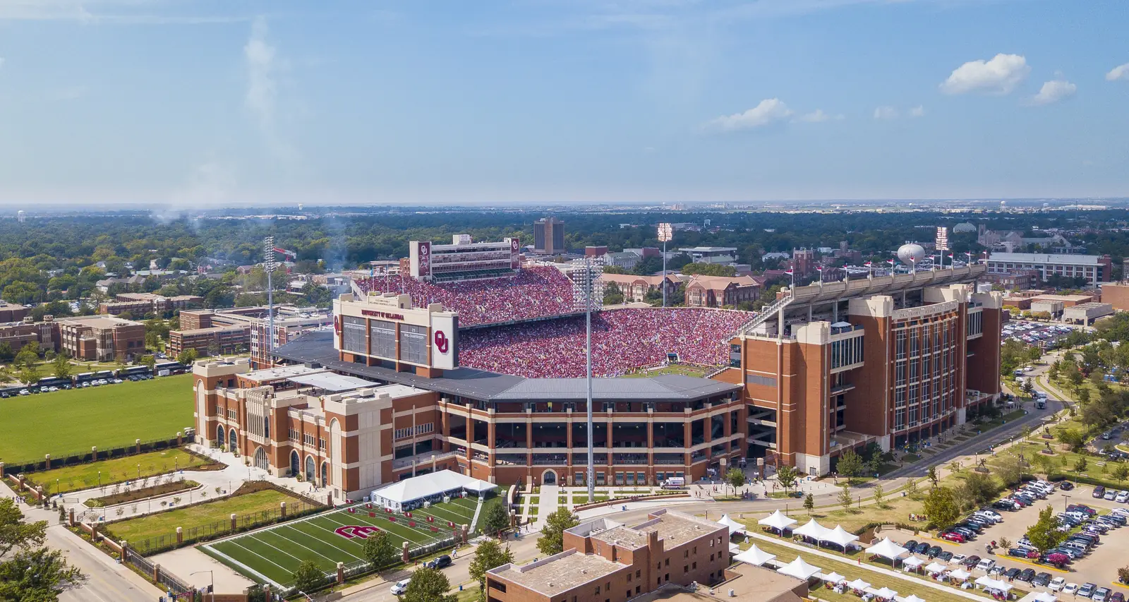 Oklahoma Memorial Stadium seen from the air, in Norman.