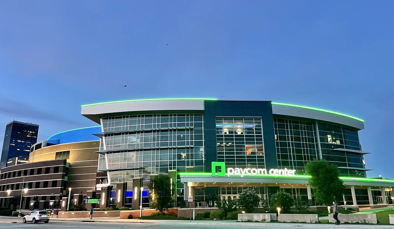 Paycom Center at dusk in downtown Oklahoma City