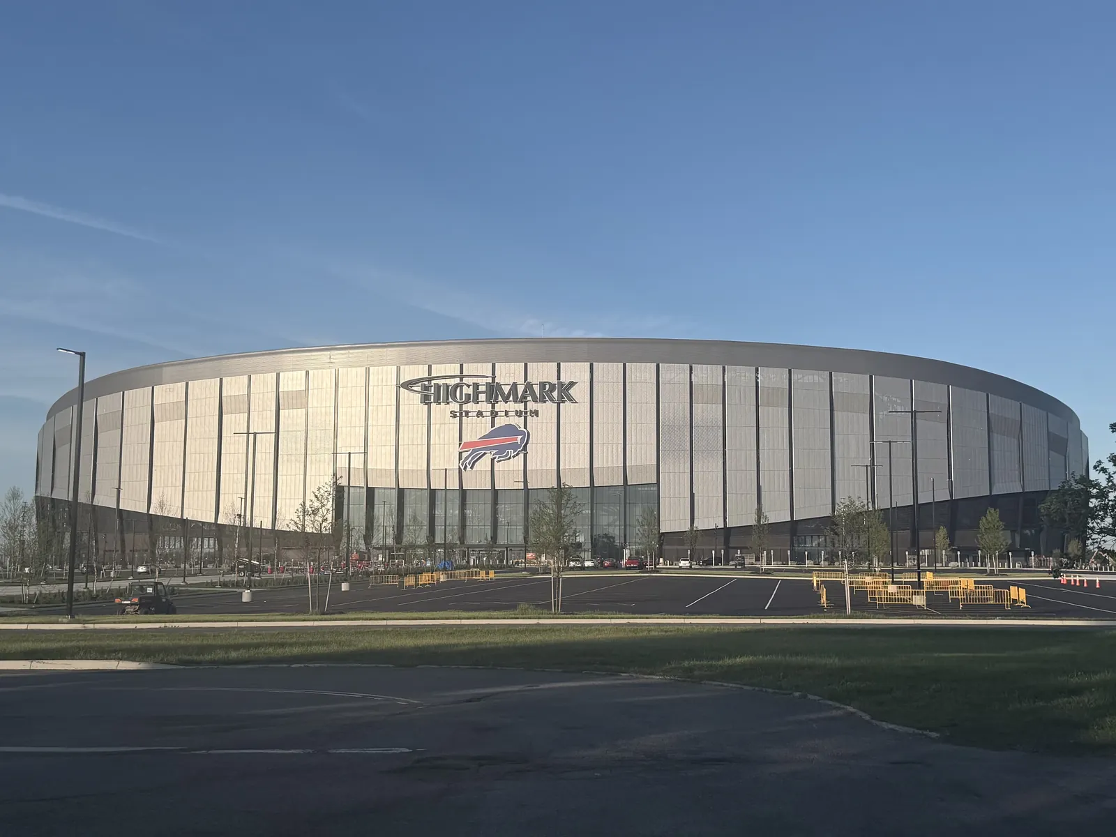 Highmark Stadium seen from outside, in Orchard Park, New York.