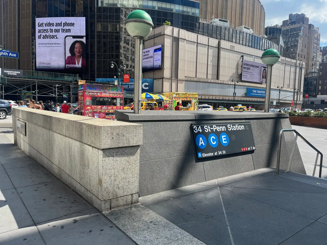 The 34 St&ndash;Penn Station subway entrance for the A, C and E, under Madison Square Garden