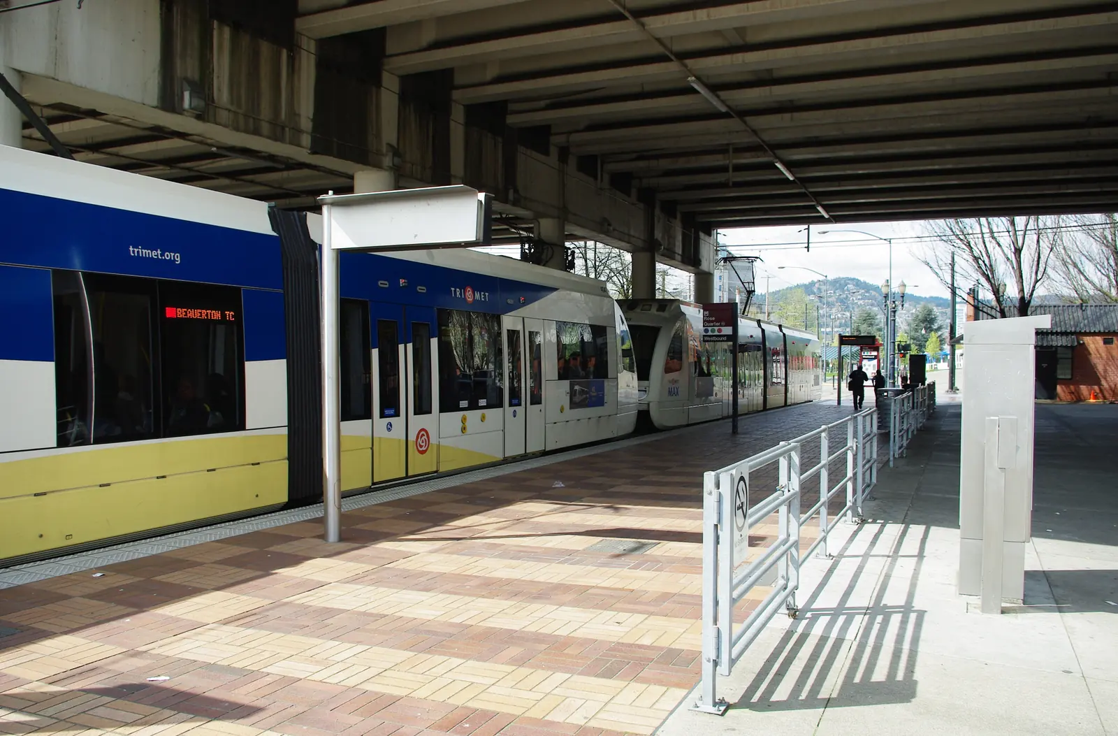 A MAX train at the Rose Quarter Transit Center platform in Portland.