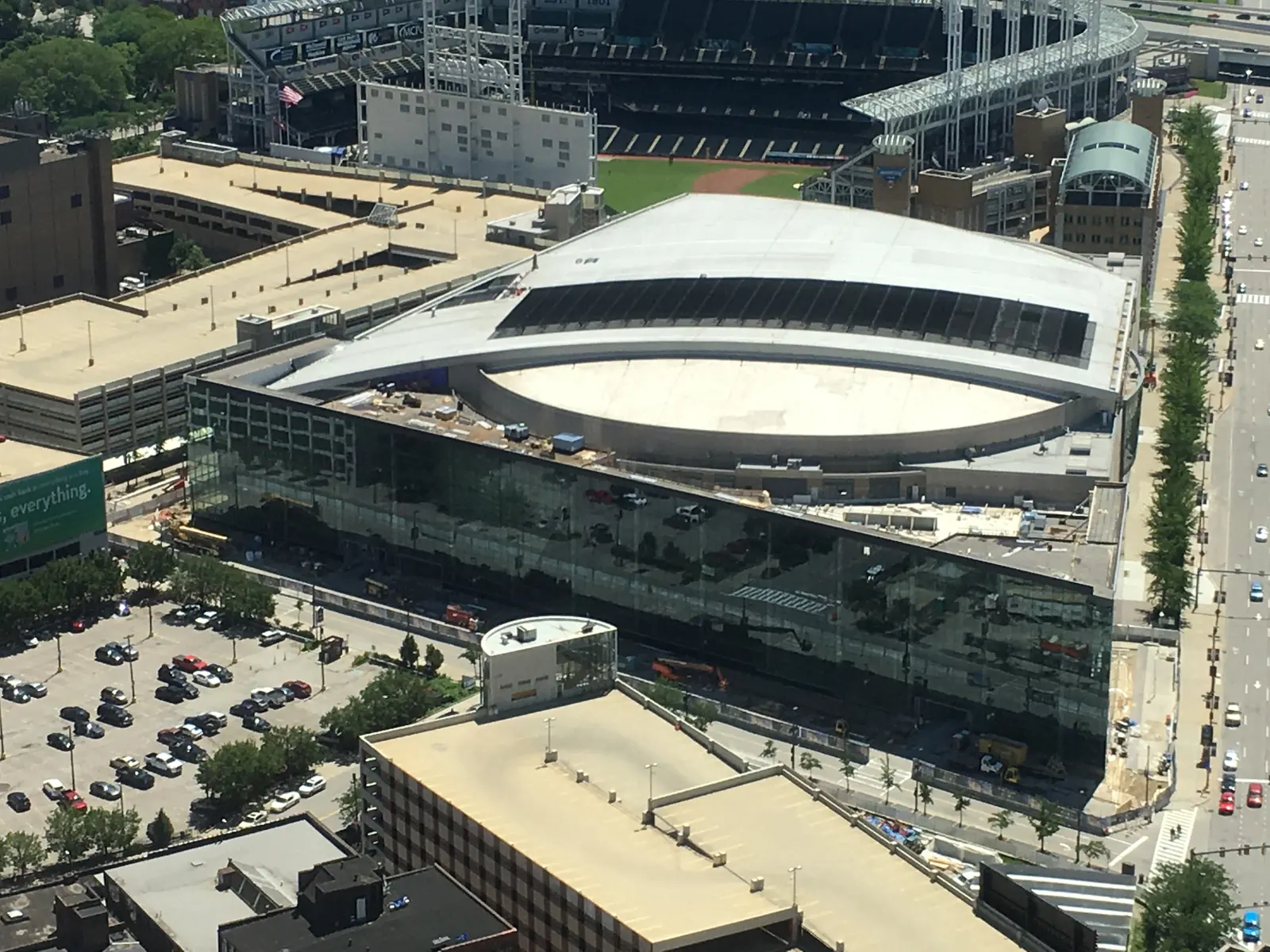 Rocket Arena from above in downtown Cleveland