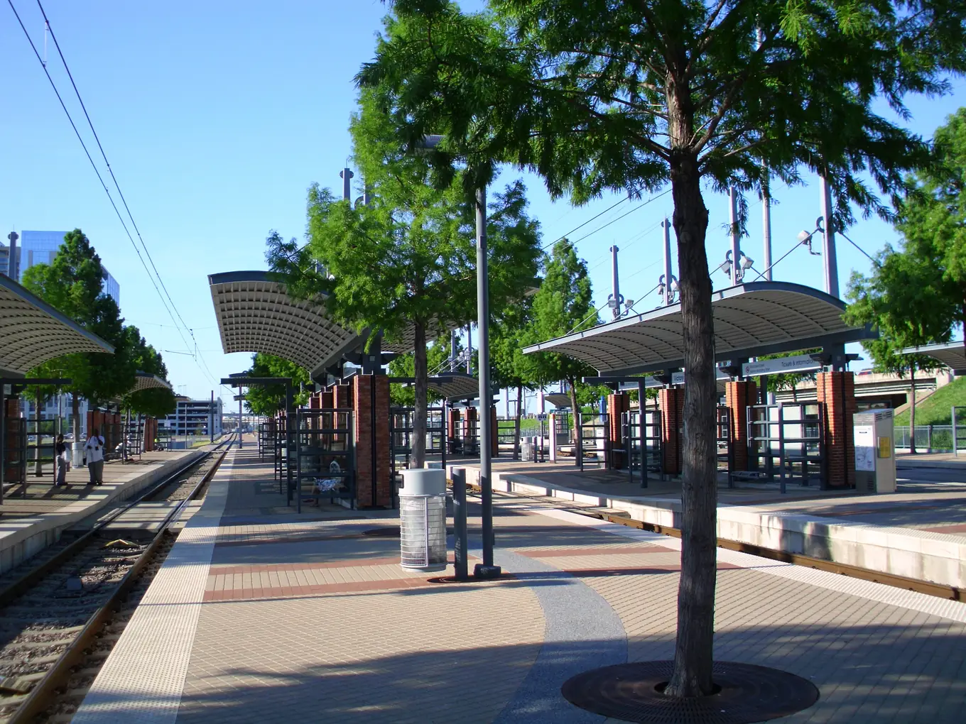The DART light rail platform at Victory station in Dallas.
