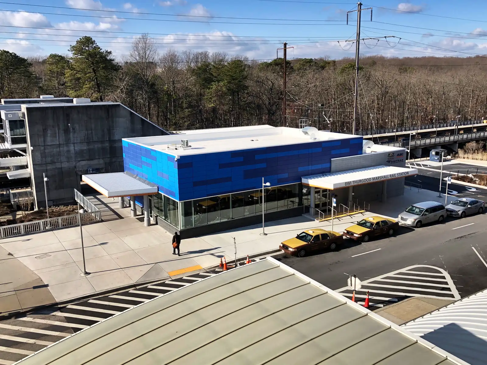The BWI Thurgood Marshall Airport rail station building, seen from the approach road.