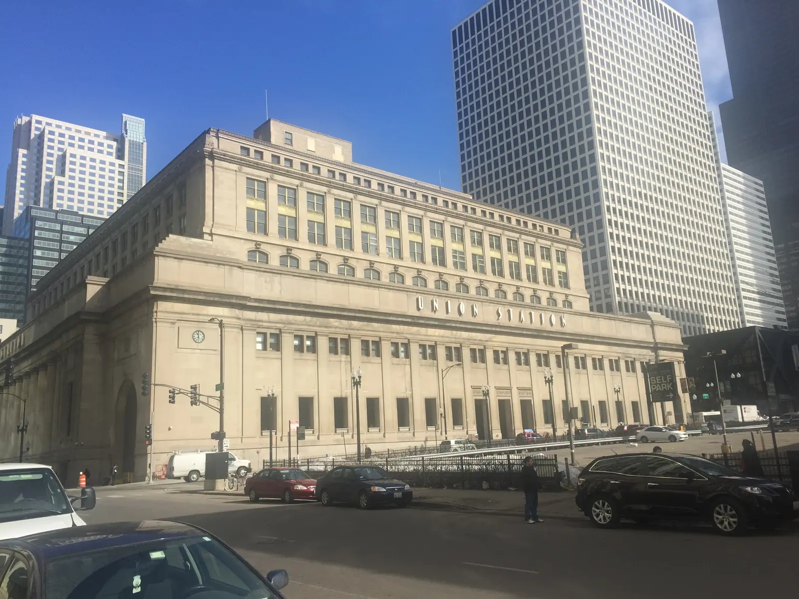 Chicago Union Station's headhouse seen from the street.