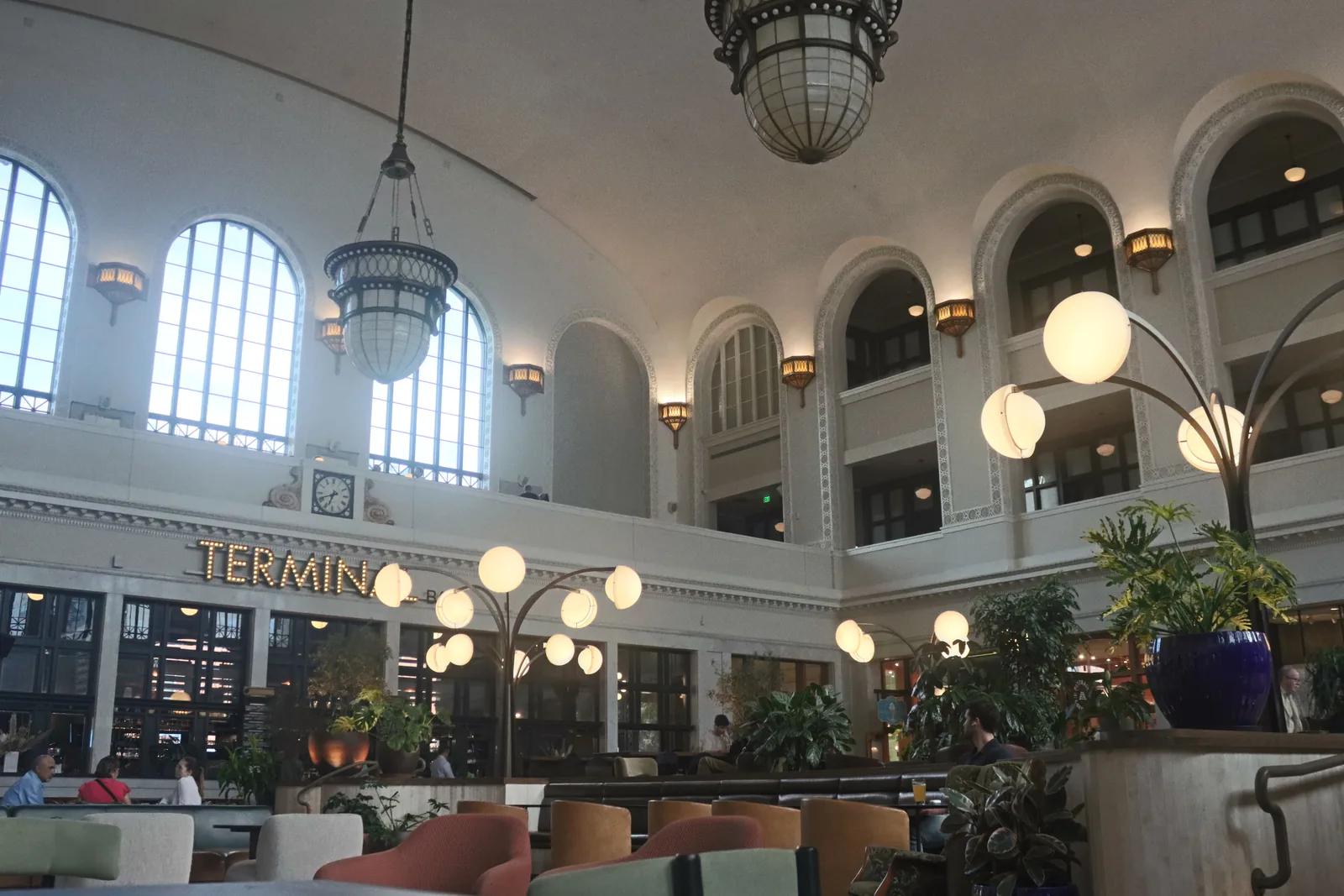 The Great Hall at Denver Union Station, under its arc lamps.