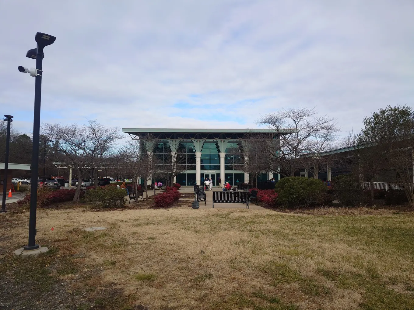 The glass-fronted terminal building at the Lorton Auto Train station.