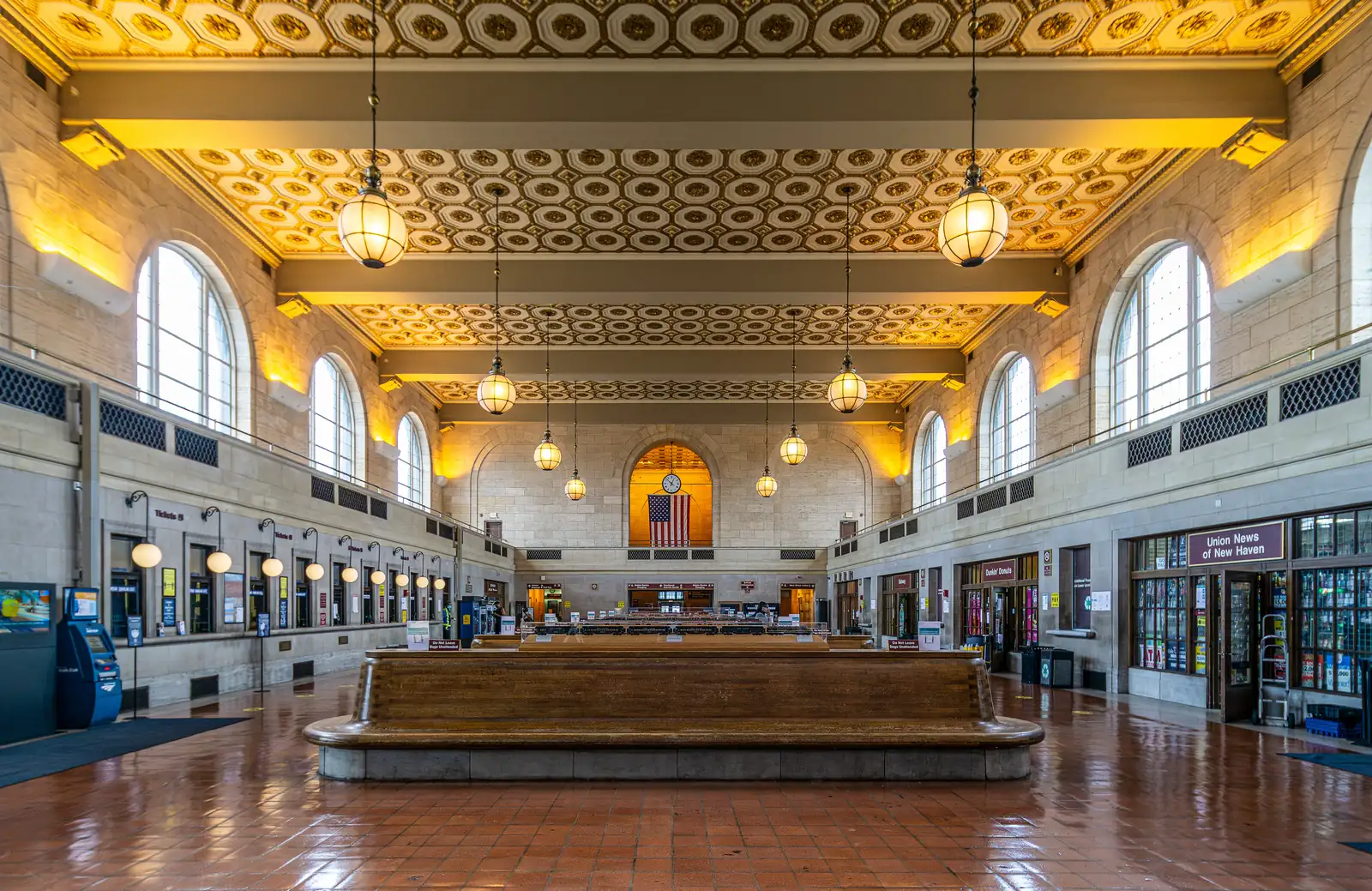 The main hall at New Haven Union Station, with its long wooden benches.