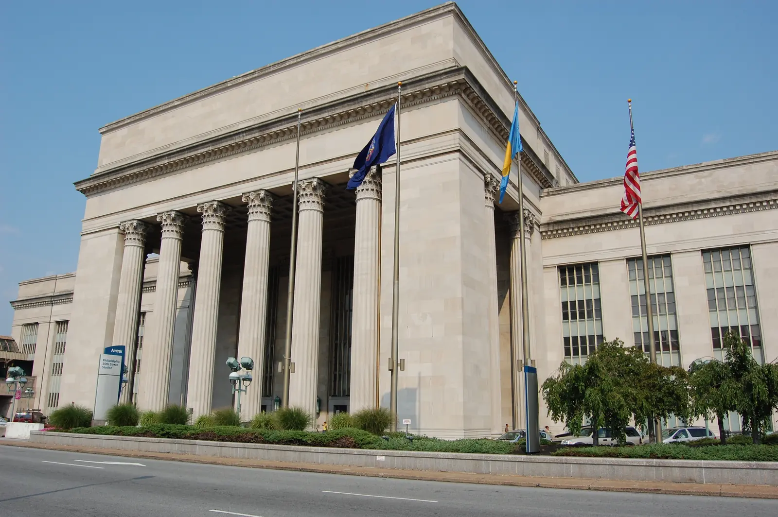 The colonnade at the entrance to Philadelphia's 30th Street Station.