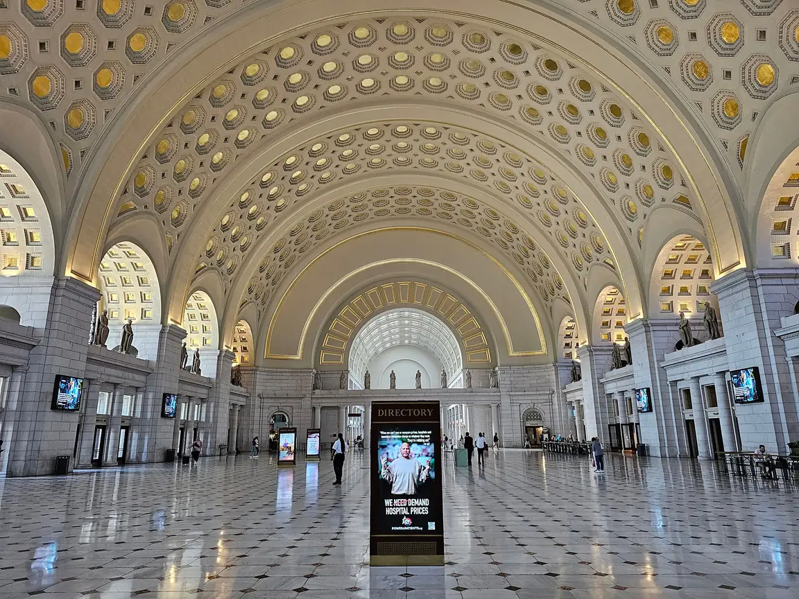 The restored Main Hall at Washington Union Station, under its coffered barrel vault.