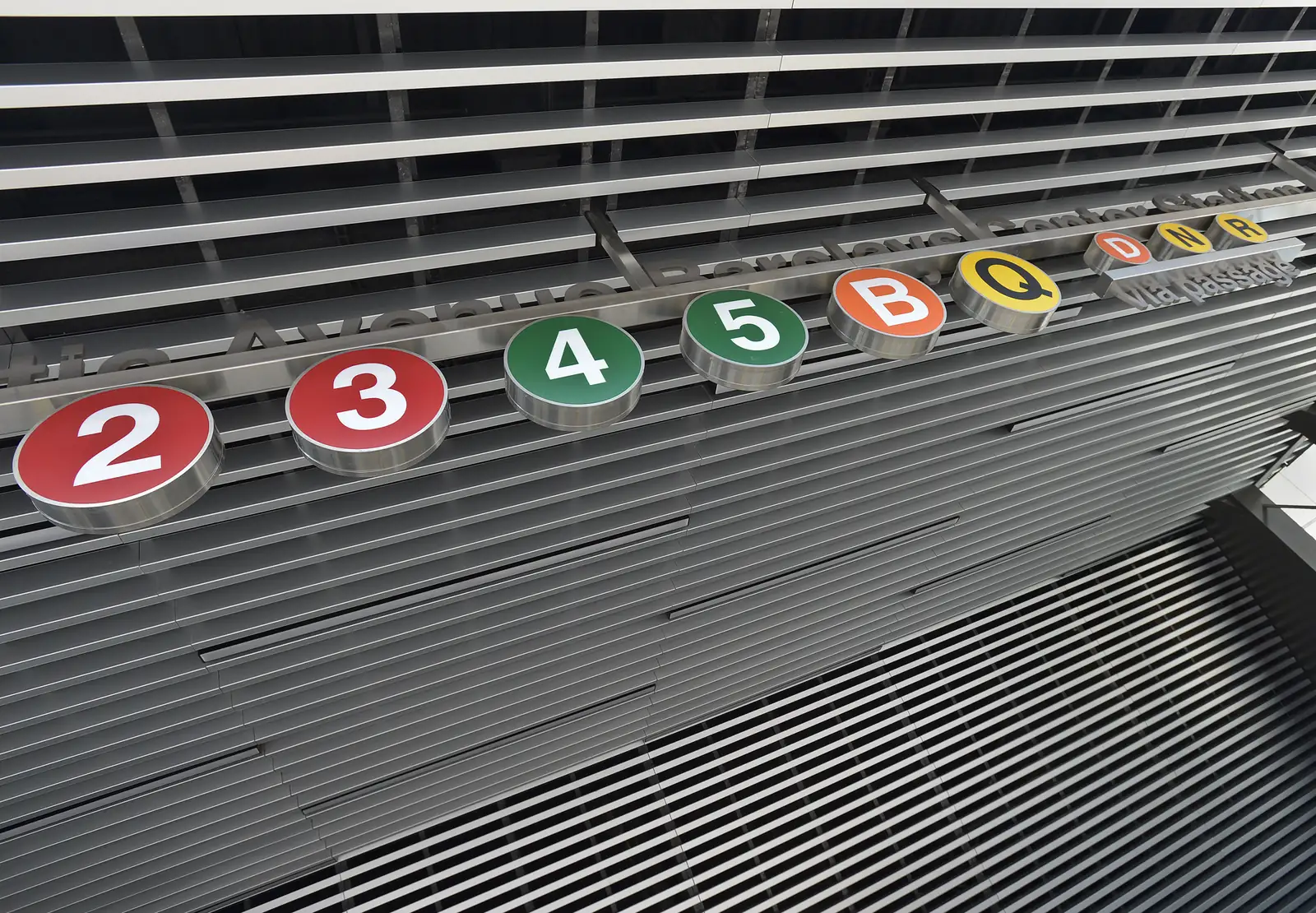 The line bullets above a street entrance to Atlantic Avenue&ndash;Barclays Center station.